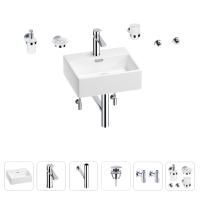 Раковина для ванной Wellsee Graceful Pro 201006621 в наборе 9 в 1: раковина белого глянцевого цвета, смеситель, сифон, донный клапан, угловые вентили, аксессуары (цвет набора хром)