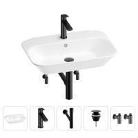 Раковина для ванной Wellsee Eclatant 201005397 в наборе 5 в 1: раковина белого глянцевого цвета, смеситель, сифон, донный клапан, угловые вентили (цвет набора матовый черный)