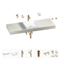 Раковина 40 см со столешницей 140 см Wellsee Doux 201009398 в наборе 10 в 1: столешница, раковина, высокий смеситель, сифон, донный клапан, кран-вентили, аксессуары (цвет золото)