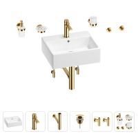 Раковина для ванной Wellsee Graceful Pro 201006678 в наборе 9 в 1: раковина белого глянцевого цвета, смеситель, сифон, донный клапан, угловые вентили, аксессуары (цвет набора золото)