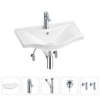 Раковина для ванной Wellsee Bisou 201005181 в наборе 5 в 1: раковина белого глянцевого цвета, смеситель, сифон, донный клапан, угловые вентили (цвет набора хром)