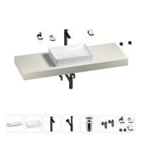 Раковина 50 см со столешницей 140 см Wellsee Pure BY Wellsee 201011432 в наборе 10 в 1: столешница, раковина, высокий смеситель, сифон, выпуск, кран-вентили, аксессуары (цвет матовый черный)