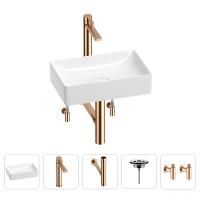 Раковина для ванной Wellsee Pure BY Wellsee 201004364 в наборе 5 в 1: раковина белого глянцевого цвета, высокий смеситель, сифон, выпуск, угловые вентили (цвет набора розовое золото)