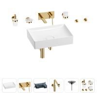 Раковина для ванной Wellsee Pure BY Wellsee 201006448 в наборе 8 в 1: раковина белого глянцевого цвета, встраиваемый смеситель, сифон, выпуск, аксессуары (цвет набора золото)