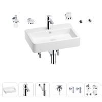 Раковина для ванной Wellsee Halcyon 201006551 в наборе 9 в 1: раковина белого глянцевого цвета, смеситель, сифон, донный клапан, угловые вентили, аксессуары (цвет набора хром)