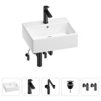 Раковина для ванной Wellsee Graceful Pro 201004617 в наборе 5 в 1: раковина белого глянцевого цвета, смеситель, сифон, донный клапан, угловые вентили (цвет набора матовый черный)