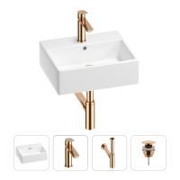 Раковина для ванной Wellsee Graceful Pro 201002934 в наборе 4 в 1: раковина белого глянцевого цвета, смеситель, сифон, донный клапан (цвет набора розовое золото)
