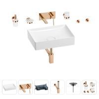 Раковина для ванной Wellsee Pure BY Wellsee 201006389 в наборе 8 в 1: раковина белого глянцевого цвета, встраиваемый смеситель, сифон, выпуск, аксессуары (цвет набора розовое золото)