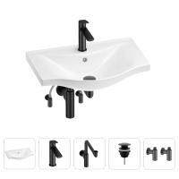 Раковина для ванной Wellsee Bisou 201005217 в наборе 5 в 1: раковина белого глянцевого цвета, смеситель, сифон, донный клапан, угловые вентили (цвет набора матовый черный)