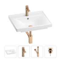 Раковина для ванной Wellsee FreeDom 201003219 в наборе 4 в 1: раковина белого глянцевого цвета, смеситель, сифон, донный клапан (цвет набора розовое золото)