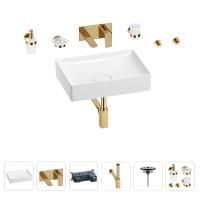 Раковина для ванной Wellsee Pure BY Wellsee 201006383 в наборе 8 в 1: раковина белого глянцевого цвета, встраиваемый смеситель, сифон, выпуск, аксессуары (цвет набора золото)