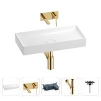 Раковина для ванной Wellsee Pure BY Wellsee 201002718 в наборе 4 в 1: раковина белого глянцевого цвета, встраиваемый смеситель, сифон, выпуск (цвет набора золото)