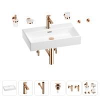 Раковина для ванной Wellsee Graceful Pro 201006724 в наборе 9 в 1: раковина белого глянцевого цвета, смеситель, сифон, донный клапан, угловые вентили, аксессуары (цвет набора розовое золото)