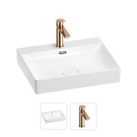 Раковина для ванной Wellsee DeSire 201000959 в наборе 2 в 1: прямоугольная раковина белого глянцевого цвета, смеситель в цвете розовое золото