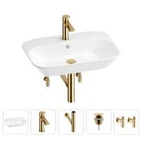 Раковина для ванной Wellsee Eclatant 201005398 в наборе 5 в 1: раковина белого глянцевого цвета, смеситель, сифон, донный клапан, угловые вентили (цвет набора золото)