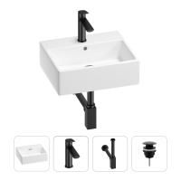 Раковина для ванной Wellsee Graceful Pro 201002912 в наборе 4 в 1: раковина белого глянцевого цвета, смеситель, сифон, донный клапан (цвет набора матовый черный)