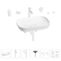 Раковина для ванной Wellsee Croquis 201005670 в наборе 9 в 1: раковина белого глянцевого цвета, высокий смеситель, сифон, выпуск, угловые вентили, аксессуары (цвет матовый белый)