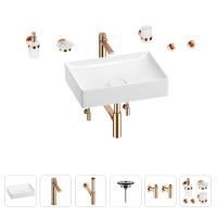 Раковина для ванной Wellsee Pure BY Wellsee 201006419 в наборе 9 в 1: раковина белого глянцевого цвета, высокий смеситель, сифон, выпуск, угловые вентили, аксессуары (цвет розовое золото)