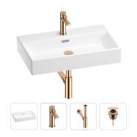 Раковина для ванной Wellsee Graceful Pro 201002989 в наборе 4 в 1: раковина белого глянцевого цвета, смеситель, сифон, донный клапан (цвет набора розовое золото)