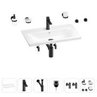 Раковина для ванной Wellsee FreeDom 201007057 в наборе 9 в 1: раковина белого глянцевого цвета, смеситель, сифон, донный клапан, угловые вентили, аксессуары (цвет набора матовый черный)