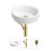Раковина для ванной Wellsee Doux 201001143 в наборе 3 в 1: круглая раковина белого глянцевого цвета, сифон, донный клапан в цвете золото