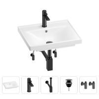 Раковина для ванной Wellsee FreeDom 201004792 в наборе 5 в 1: раковина белого глянцевого цвета, смеситель, сифон, донный клапан, угловые вентили (цвет набора матовый черный)