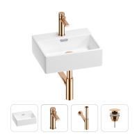 Раковина для ванной Wellsee Graceful Pro 201002889 в наборе 4 в 1: раковина белого глянцевого цвета, смеситель, сифон, донный клапан (цвет набора розовое золото)