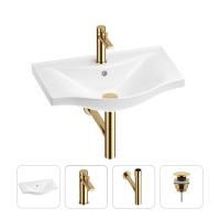 Раковина для ванной Wellsee Bisou 201003528 в наборе 4 в 1: раковина белого глянцевого цвета, смеситель, сифон, донный клапан (цвет набора золото)
