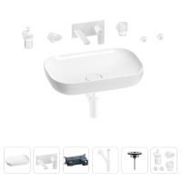 Раковина для ванной Wellsee Croquis 201005640 в наборе 8 в 1: раковина белого глянцевого цвета, встраиваемый смеситель, сифон, выпуск, аксессуары (цвет набора матовый белый)