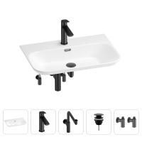 Раковина для ванной Wellsee Eclatant 2.0 201005467 в наборе 5 в 1: раковина белого глянцевого цвета, смеситель, сифон, донный клапан, угловые вентили (цвет набора матовый черный)