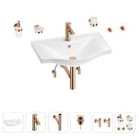 Раковина для ванной Wellsee Bisou 201007324 в наборе 9 в 1: раковина белого глянцевого цвета, смеситель, сифон, донный клапан, угловые вентили, аксессуары (цвет набора розовое золото)