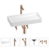 Раковина для ванной Wellsee Pure BY Wellsee 201004429 в наборе 5 в 1: раковина белого глянцевого цвета, высокий смеситель, сифон, выпуск, угловые вентили (цвет набора розовое золото)