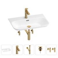 Раковина для ванной Wellsee Eclatant 2.0 201005458 в наборе 5 в 1: раковина белого глянцевого цвета, смеситель, сифон, донный клапан, угловые вентили (цвет набора золото)