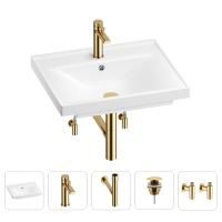 Раковина для ванной Wellsee FreeDom 201004903 в наборе 5 в 1: раковина белого глянцевого цвета, смеситель, сифон, донный клапан, угловые вентили (цвет набора золото)
