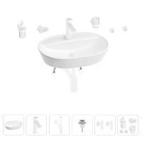 Раковина для ванной Wellsee Calin 201005590 в наборе 9 в 1: раковина белого глянцевого цвета, смеситель, сифон, донный клапан, угловые вентили, аксессуары (цвет набора матовый белый)