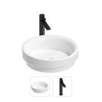 Раковина для ванной Wellsee Doux 201000657 в наборе 2 в 1: круглая раковина белого глянцевого цвета, высокий смеситель в цвете матовый черный