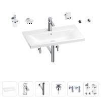 Раковина для ванной Wellsee FreeDom 201007071 в наборе 9 в 1: раковина белого глянцевого цвета, смеситель, сифон, донный клапан, угловые вентили, аксессуары (цвет набора хром)