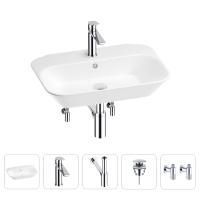 Раковина для ванной Wellsee Eclatant 201005376 в наборе 5 в 1: раковина белого глянцевого цвета, смеситель, сифон, донный клапан, угловые вентили (цвет набора хром)