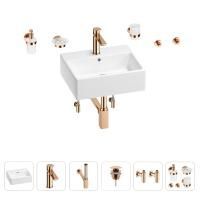 Раковина для ванной Wellsee Graceful Pro 201006664 в наборе 9 в 1: раковина белого глянцевого цвета, смеситель, сифон, донный клапан, угловые вентили, аксессуары (цвет набора розовое золото)