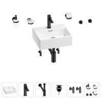 Раковина для ванной Wellsee Graceful Pro 201006607 в наборе 9 в 1: раковина белого глянцевого цвета, смеситель, сифон, донный клапан, угловые вентили, аксессуары (цвет набора матовый черный)