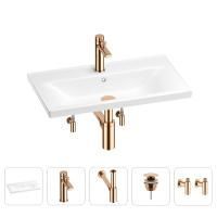 Раковина для ванной Wellsee FreeDom 201004934 в наборе 5 в 1: раковина белого глянцевого цвета, смеситель, сифон, донный клапан, угловые вентили (цвет набора розовое золото)