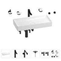 Раковина для ванной Wellsee Pure BY Wellsee 201006537 в наборе 9 в 1: раковина белого глянцевого цвета, высокий смеситель, сифон, выпуск, угловые вентили, аксессуары (цвет матовый черный)