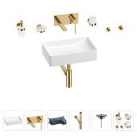 Раковина для ванной Wellsee Pure BY Wellsee 201006333 в наборе 8 в 1: раковина белого глянцевого цвета, встраиваемый смеситель, сифон, выпуск, аксессуары (цвет набора золото)