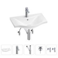 Раковина для ванной Wellsee Bisou 201005131 в наборе 5 в 1: раковина белого глянцевого цвета, смеситель, сифон, донный клапан, угловые вентили (цвет набора хром)