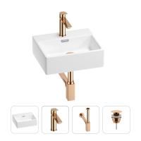 Раковина для ванной Wellsee Graceful Pro 201002864 в наборе 4 в 1: раковина белого глянцевого цвета, смеситель, сифон, донный клапан (цвет набора розовое золото)