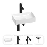 Раковина для ванной Wellsee Pure BY Wellsee 201002587 в наборе 4 в 1: раковина белого глянцевого цвета, высокий смеситель, сифон, выпуск (цвет набора матовый черный)