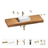 Раковина 42 см со столешницей 140 см Wellsee Pure BY Wellsee 201011013 в наборе 10 в 1: столешница, раковина, высокий смеситель, сифон, выпуск, кран-вентили, аксессуары (цвет золото)