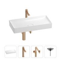 Раковина для ванной Wellsee Pure BY Wellsee 201002789 в наборе 4 в 1: раковина белого глянцевого цвета, высокий смеситель, сифон, выпуск (цвет набора розовое золото)