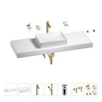 Раковина 50 см со столешницей 140 см Wellsee Pure BY Wellsee 201011513 в наборе 10 в 1: столешница, раковина, высокий смеситель, сифон, выпуск, кран-вентили, аксессуары (цвет золото)