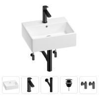 Раковина для ванной Wellsee Graceful Pro 201004597 в наборе 5 в 1: раковина белого глянцевого цвета, смеситель, сифон, донный клапан, угловые вентили (цвет набора матовый черный)